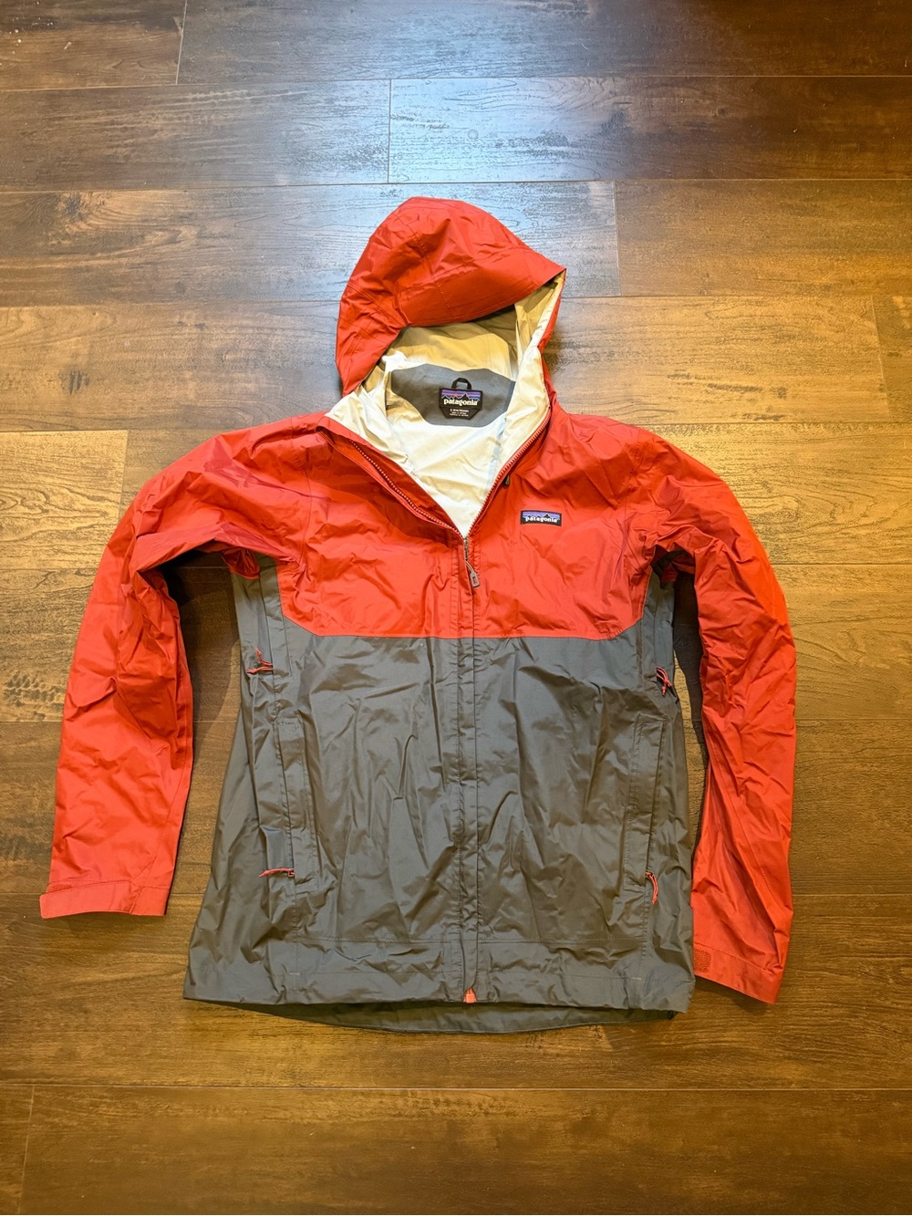 Patagonia Two-Tone Red and Gray Hooded Trench Coat